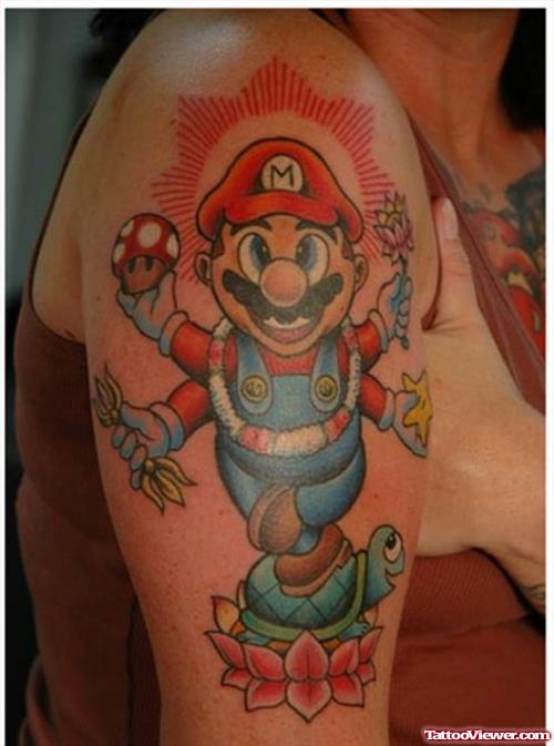 Animated Mario Tattoo On Right Half Sleeve