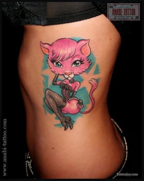 Colored Animated Tattoo On Girl Rib Side