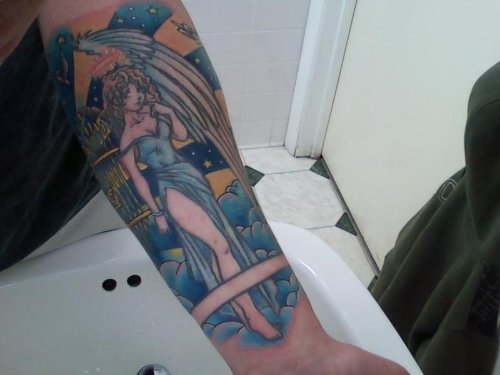 Blue Ink Cartoon Angel Girl Animated Tattoo On Sleeve
