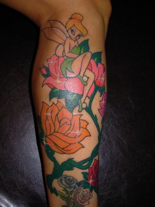 Colored Flowers and Fairy Animated Tattoo On Leg