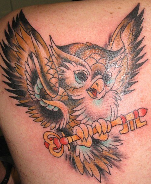 Cartoon Flying Owl With Key Animated Tattoo