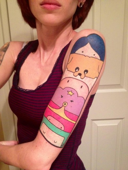 Left Half Sleeve Colored Animated Tattoo For Girls