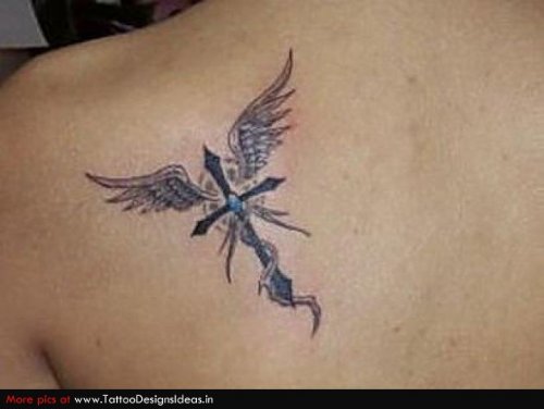 Winged Cross Animated Tattoo On Back Shoulder