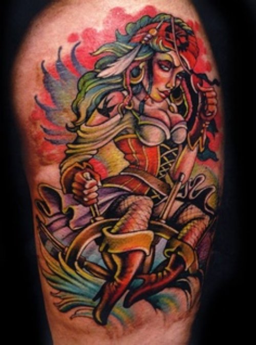 Color Animated Gothic Girl Tattoo On Half Sleeve