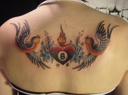 Flying Swallows And Animated Tattoo On Upperback