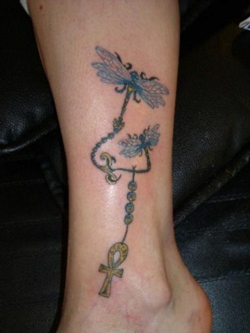 Dragonflies And Ankh Tattoo On Ankle