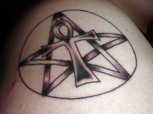 Grey Ink Pentagram And Ankh Tattoo