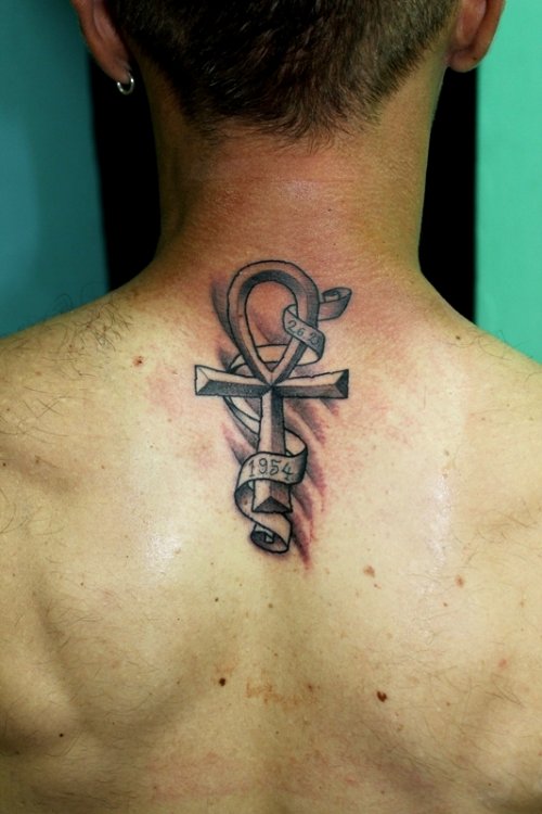 Grey Ink Banner And Ankh Tattoo On Upperback
