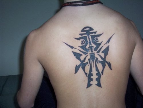 Black Tribal And Ankh Tattoo On Back