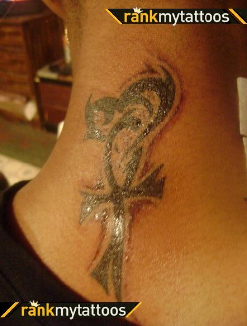 Black Ink Ankh And Devil Heart Tattoo On Neck