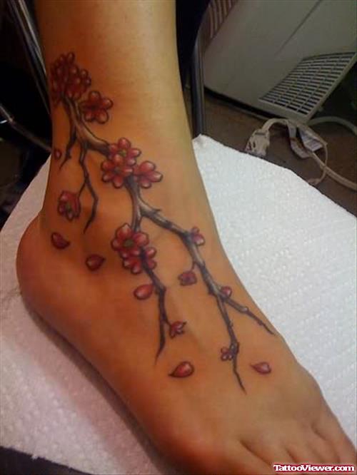 Flower Branch Tattoo On Ankle