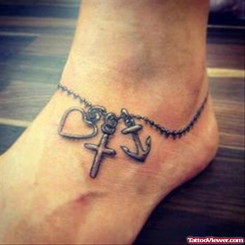 Cross Anchor And Heart Rosary Ankle Tattoo