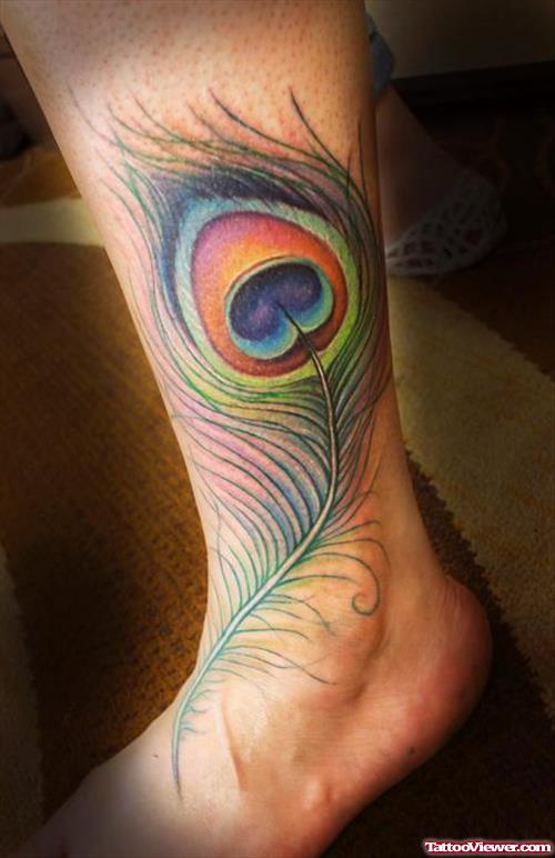 Colored Peacock Feather Ankle Tattoo