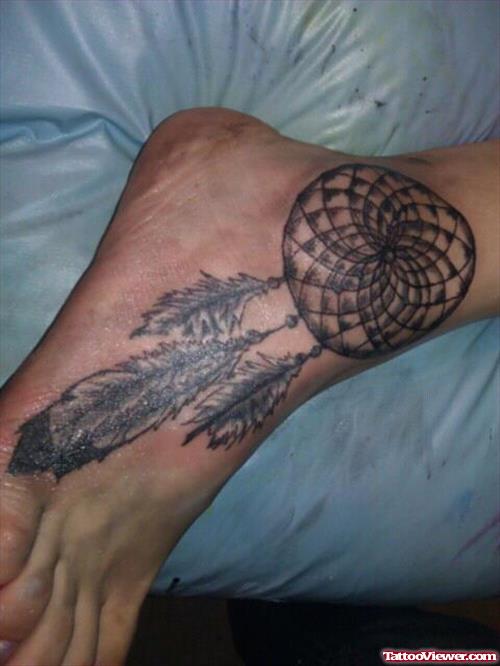 Amazing Grey Ink Dreamcatcher Tattoo On Right Ankle