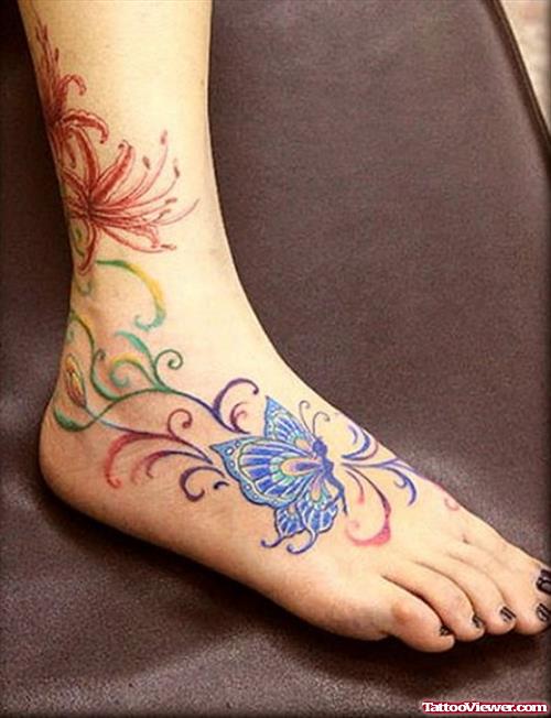 Swirl And Blue Butterfly Ankle Tattoo