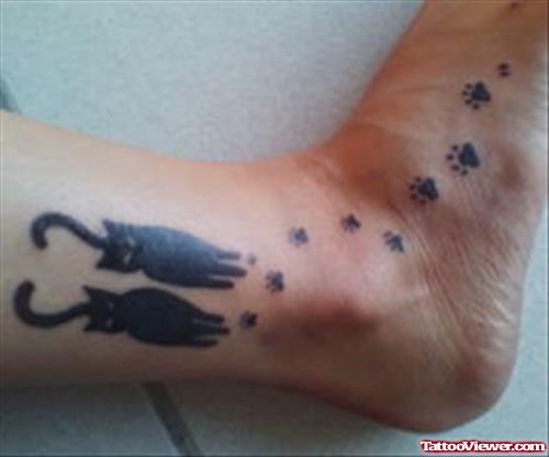 Black Cats And Pawprints Ankle Tattoos