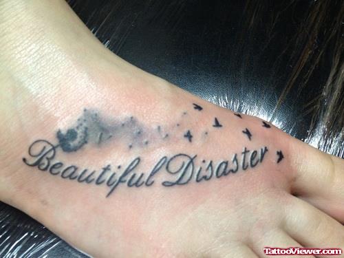 Beautiful Disaster And Dandelion Puff With Birds Ankle Tattoo