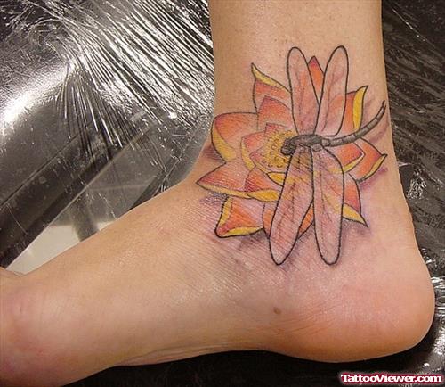 Lotus Flower And Dragonfly Ankle Tattoo