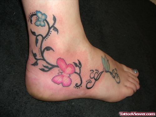 Blue And Pink Flowers Ankle Tattoo