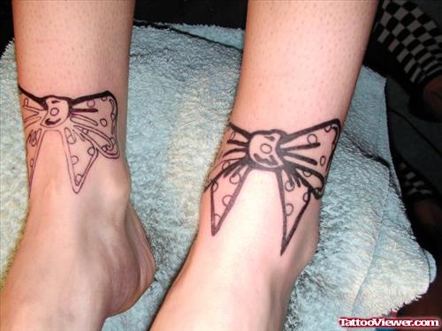 Grey Ink Bow Ankle Tattoos