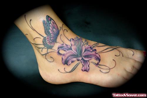 Purple Flower And Butterfly Ankle Tattoo