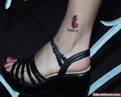 Red HEart And Red Rose Ankle Tattoo