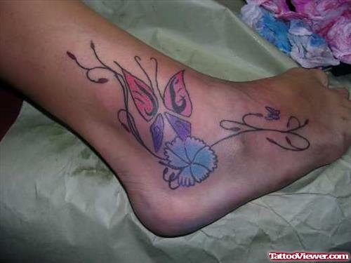 Blue Flower And Color Butterfly Ankle Tattoo