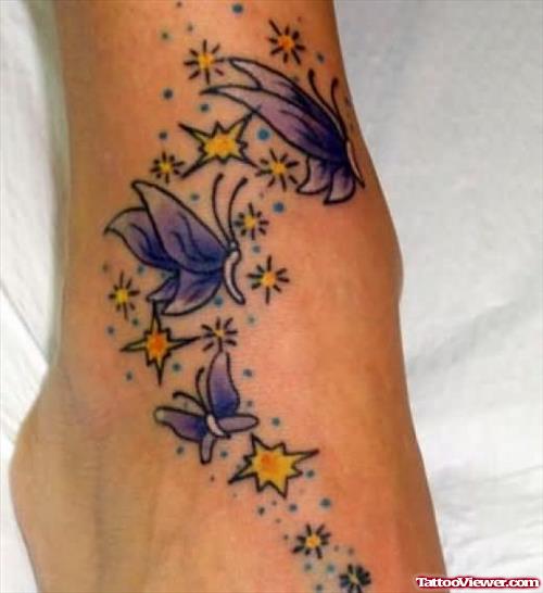 Yellow Stars And Purple Butterflies Ankle Tattoo