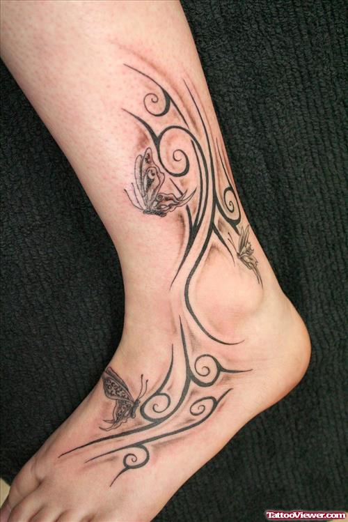 Tribal And Butterflies Tattoos On Left Ankle