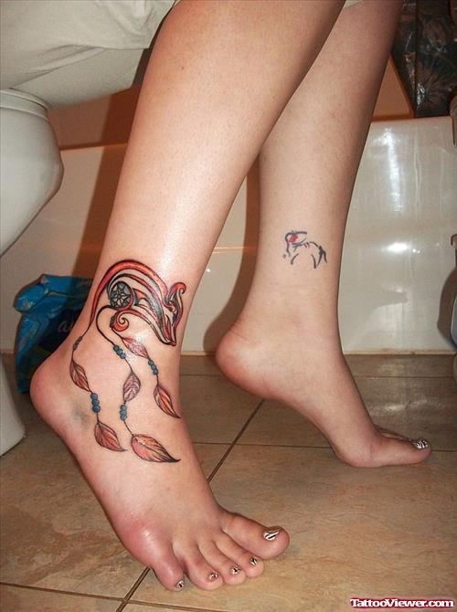 Colored Feathers Tattoo On Girl Right Ankle