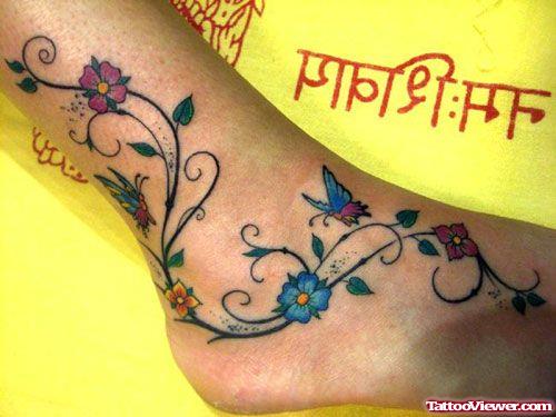 Colored Butterflies And Flowers Ankle Tattoo
