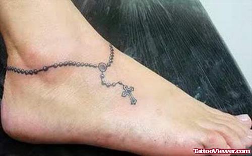 Amazing Grey Ink Rosary Ankle Tattoo For Girls