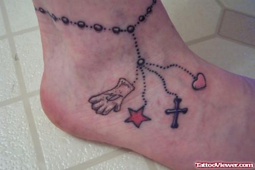 Rosary Star Heart And Cross Ankle Tattoo