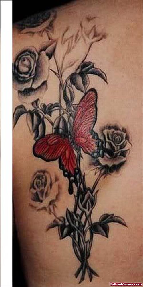 Red Butterfly And Flowers Ankle Tattoo