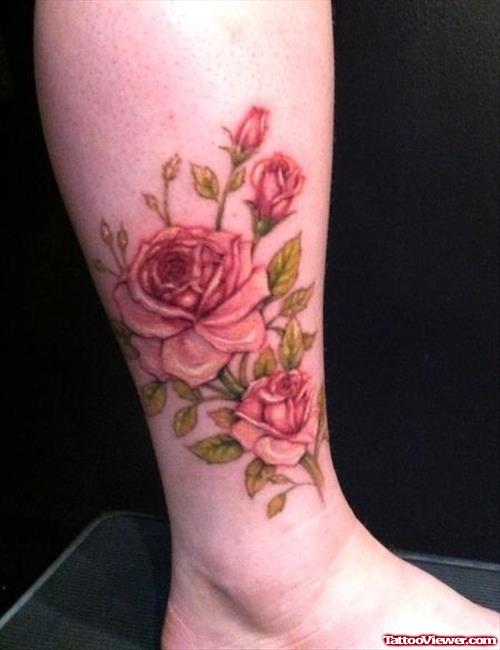 Pink Rose Flowers Ankle Tattoo