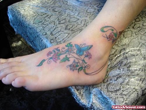 Colored Flowers And Butterflies Ankle Tattoo