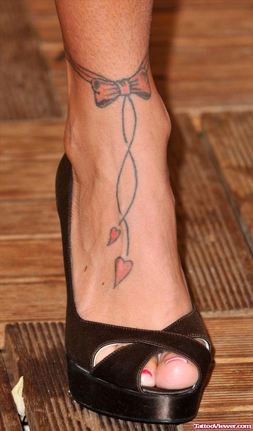 Bow And Hearts Ankle Tattoo
