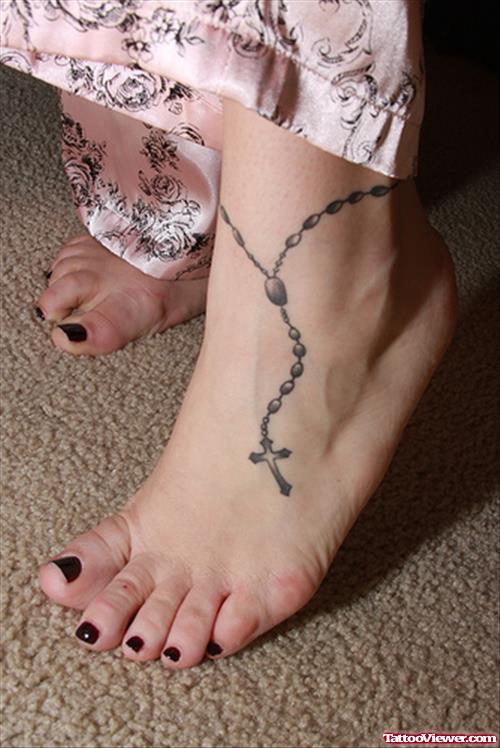Rosary Cross Tattoo On Left Ankle
