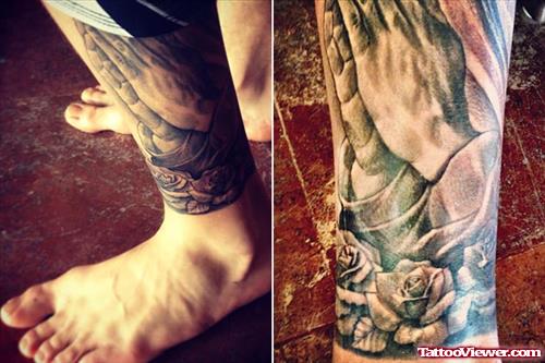 Praying Hands And Flower Ankle Tattoo