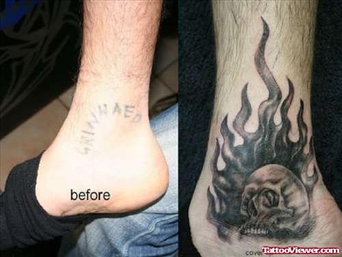 Grey Ink Flaming Skull Ankle Tattoo