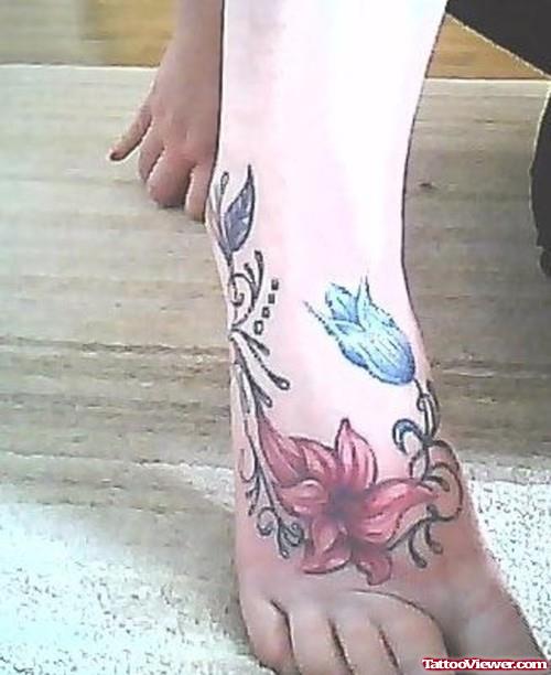 Colored Flowers Tattoos On Girl Right Ankle