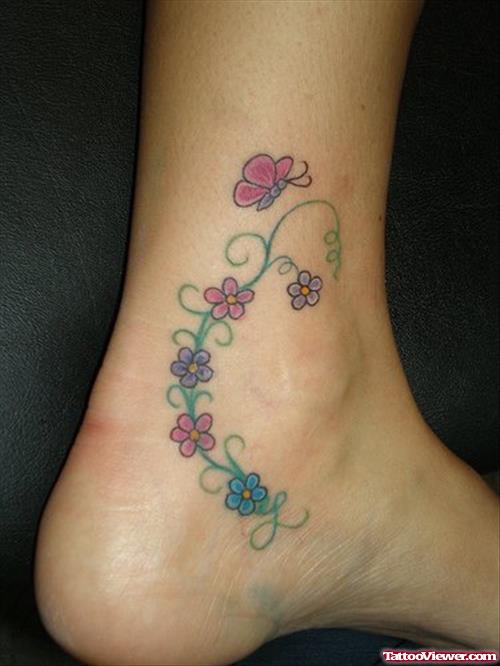 Color Ink Flowers Ankle Tattoo