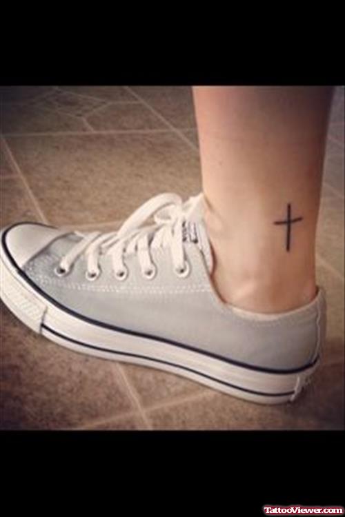 Black Ink Cross Ankle Tattoo