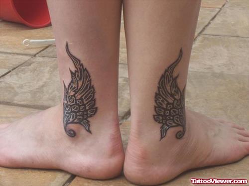 Grey Ink Wings Ankle Tattoos