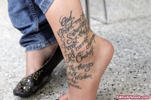 Grey Ink Serenity Prayer Ankle Tattoo