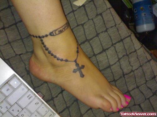 Grey Ink Rosary Ankle Tattoo For Girls