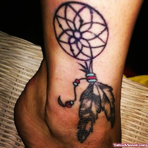 Grey Ink Dreamcatcher Tattoo On Right Ankle