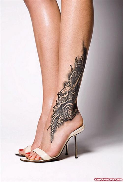 Grey Ink Biomechanical Ankle Tattoo For Girls