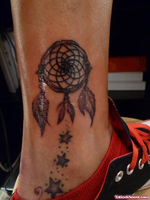 Amazing Grey Ink Stars and Dreamcatcher Ankle Tattoo