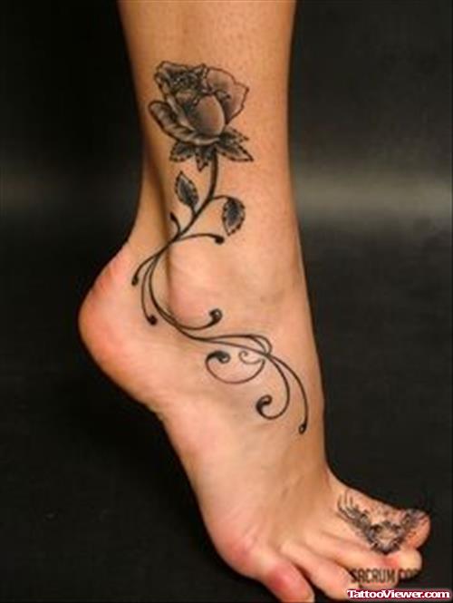 Grey Ink Flower Ankle Tattoo For Girls